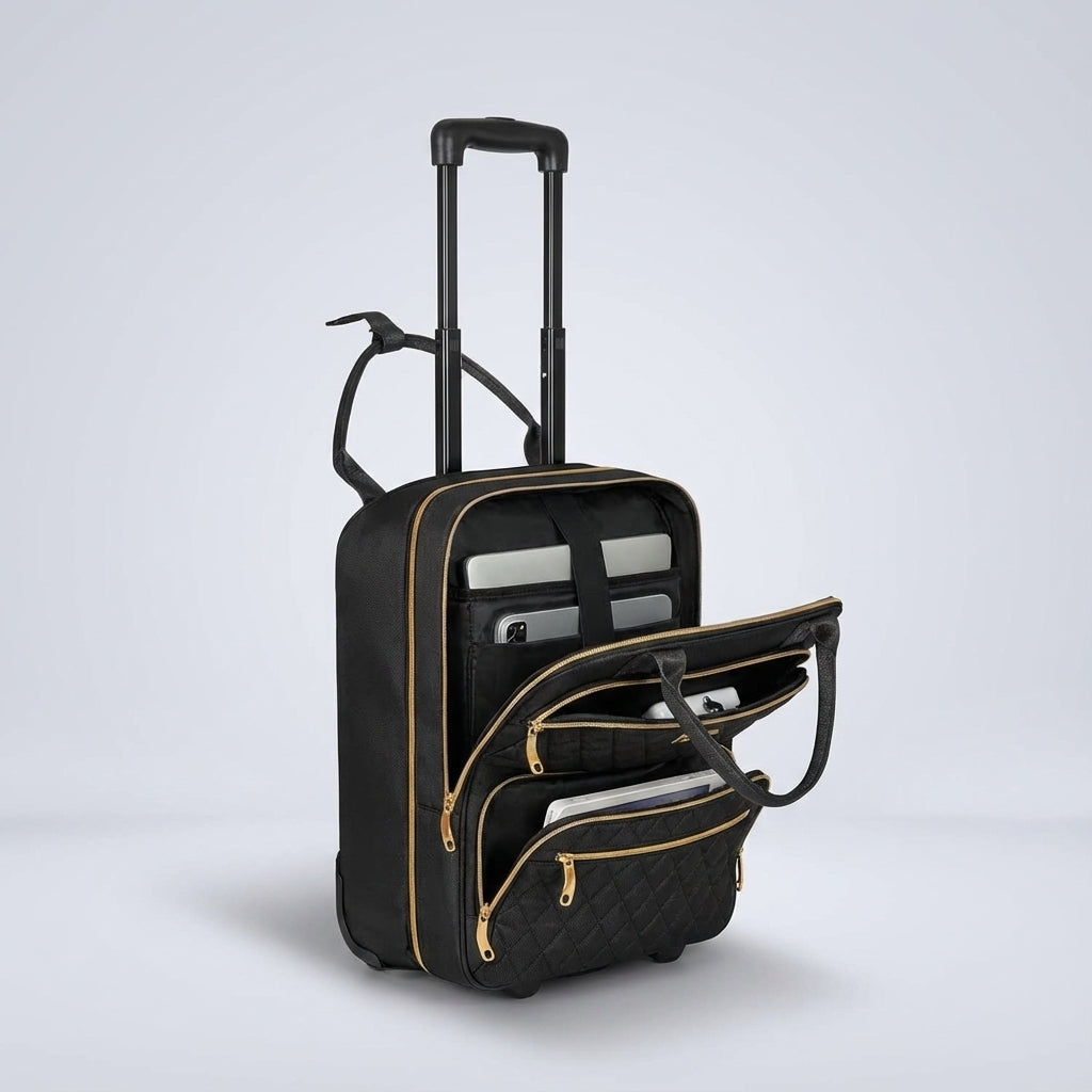 Lichtgewicht SwiftSeat handbagage roltrolley voor vliegreizen, met soepele wieltjes en laptopvak.