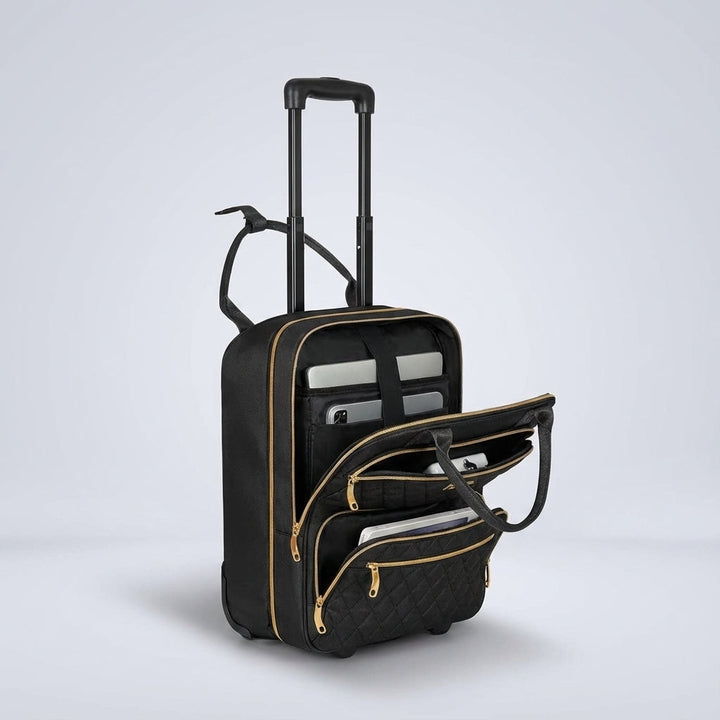 Lichtgewicht SwiftSeat handbagage roltrolley voor vliegreizen, met soepele wieltjes en laptopvak.