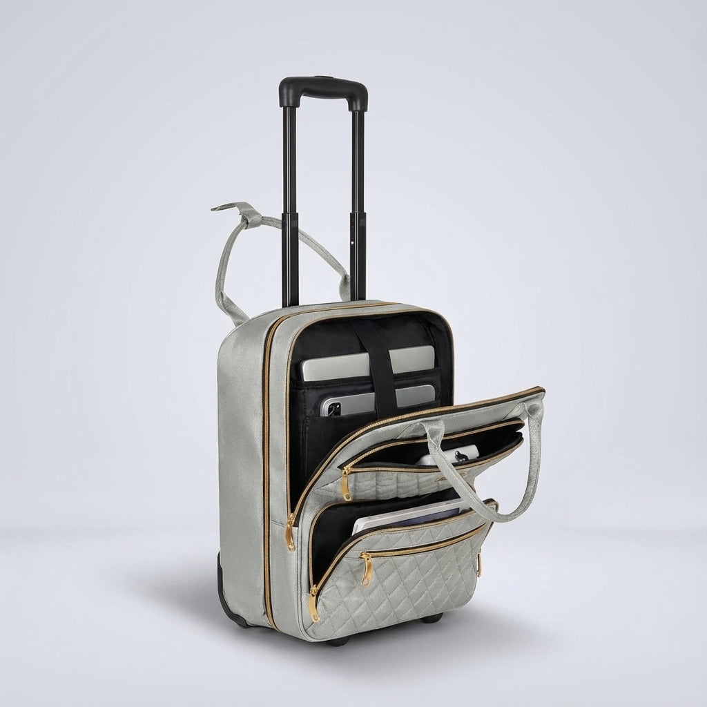 Compacte SwiftSeat roltrolley als handbagage, handige onderstoel koffer met apart laptopvak.