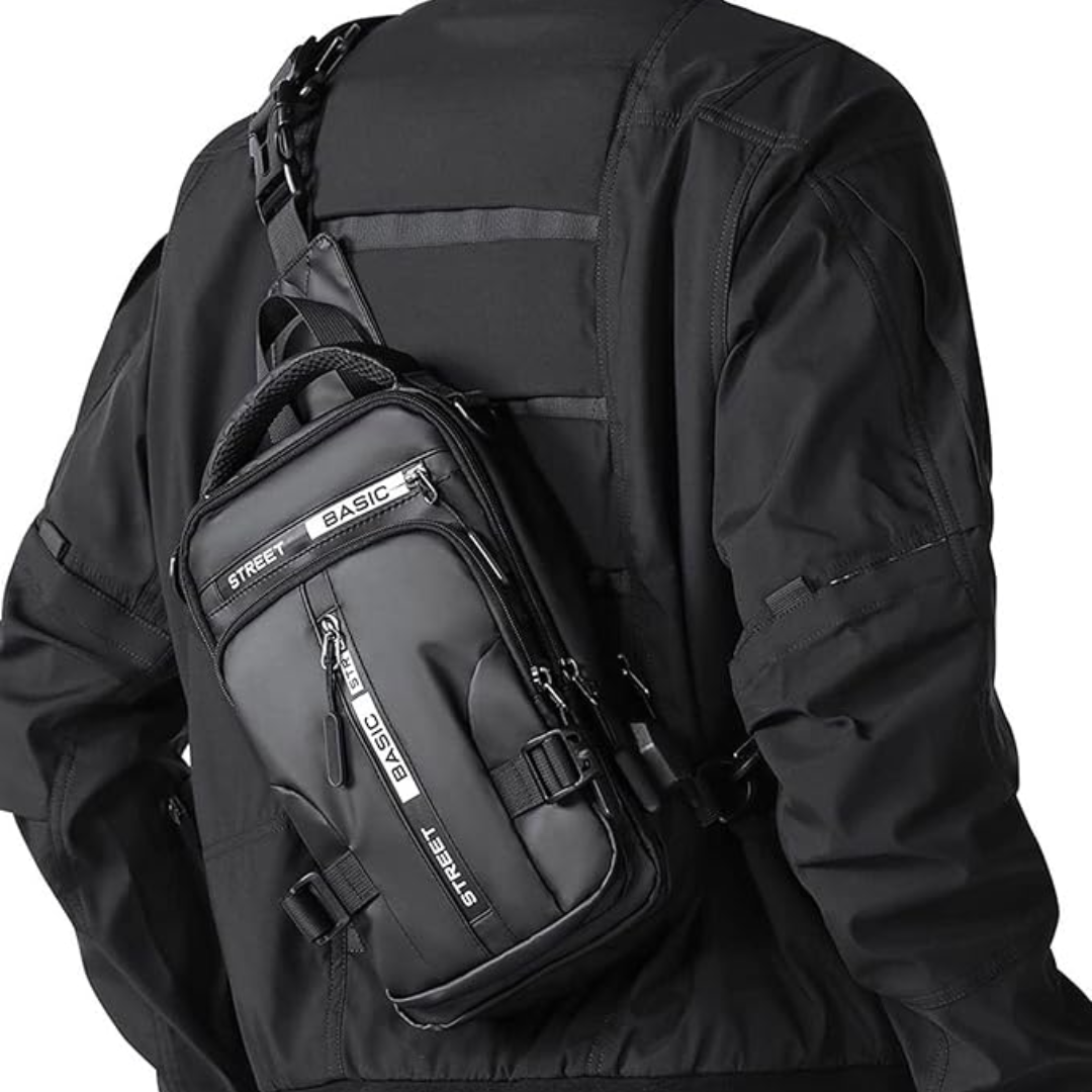 Zwarte compacte UrbanLite sling rugzak voor dagelijks gebruik, unisex en lichtgewicht.