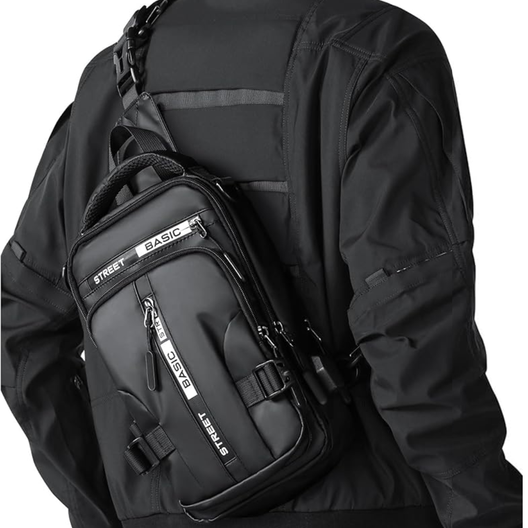 Lichtgewicht compacte slingtas, ideaal als crossbody dagrugzak voor reizen en wandelen.
