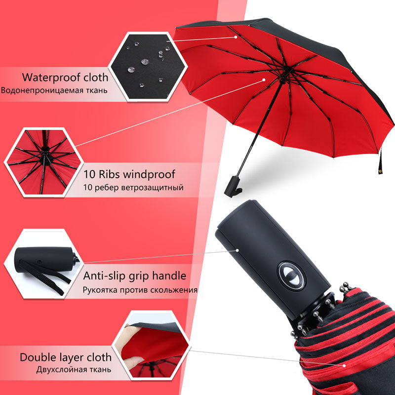 Compacte zwarte stormparaplu, automatisch en robuust, perfect voor onstuimig weer.