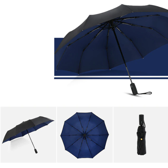 Blauwe automatische stormparaplu, robuust en compact, beschermt tegen elke regenbui.