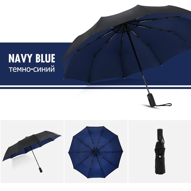 Blauwe robuuste stormparaplu, compact en winddicht, ideaal voor outdoor gebruik.
