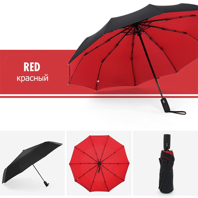 Compacte winddichte stormparaplu voor reizen, robuust en automatisch te openen.