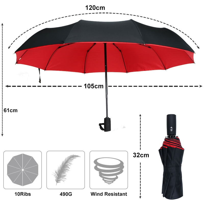 Rode automatische stormparaplu, compact en winddicht, essentieel voor regenachtige dagen.
