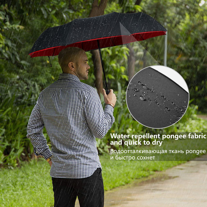 Grijze winddichte automatische paraplu, compact model voor dagelijks gebruik en regen.