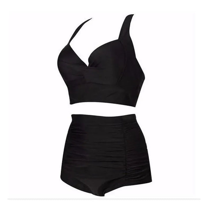 Alina zwarte bikiniset voor vrouwen met stijlvolle haltertop en hoge taille badkleding ontwerp.