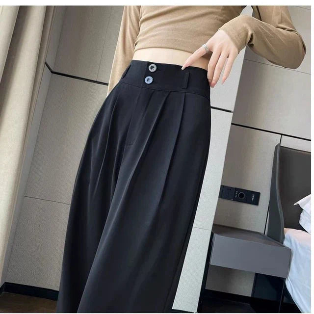 Zwarte dames high waist palazzobroek met wijde pijpen, elegant en comfortabel, ideaal voor zakelijk of vrije tijd.
