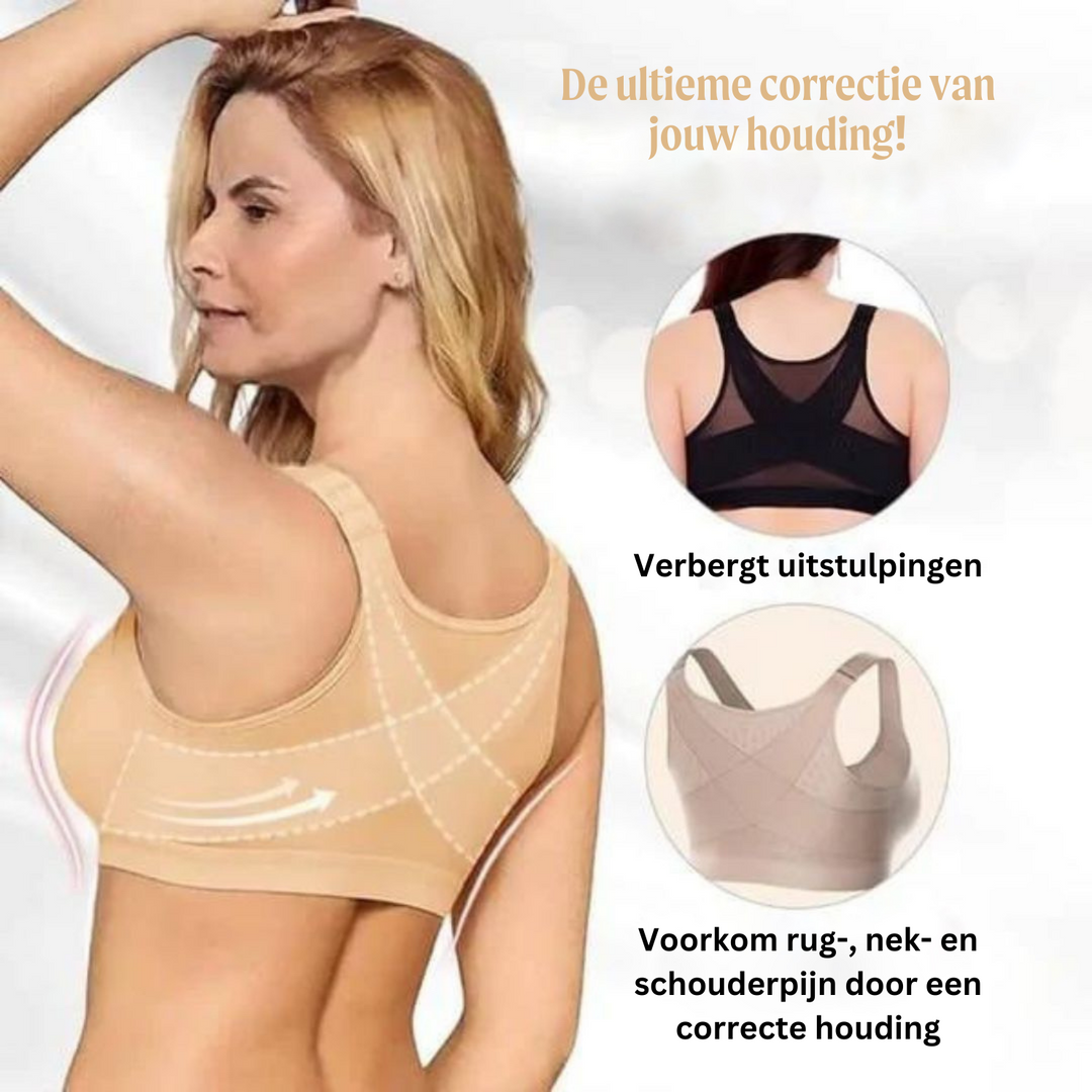 Voorsluiting beha, ontworpen voor gemakkelijke houdingscorrectie en superieure rugondersteuning.
