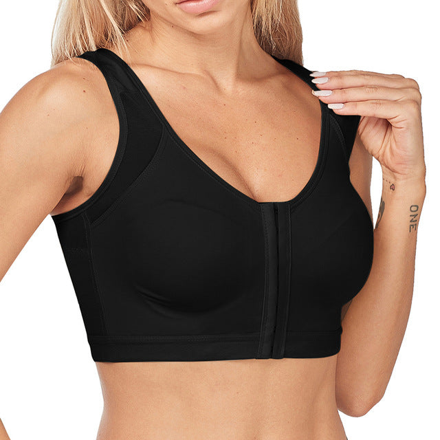 Zwarte dames sport bh met stevige ondersteuning, ideaal voor fitness & yoga.