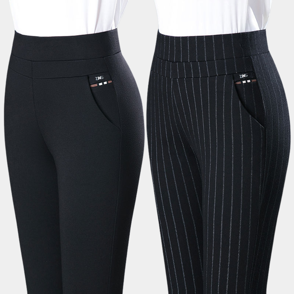 Elegante gestreepte hoge taille stretchbroek voor dames; perfect voor zakelijke én casual looks.