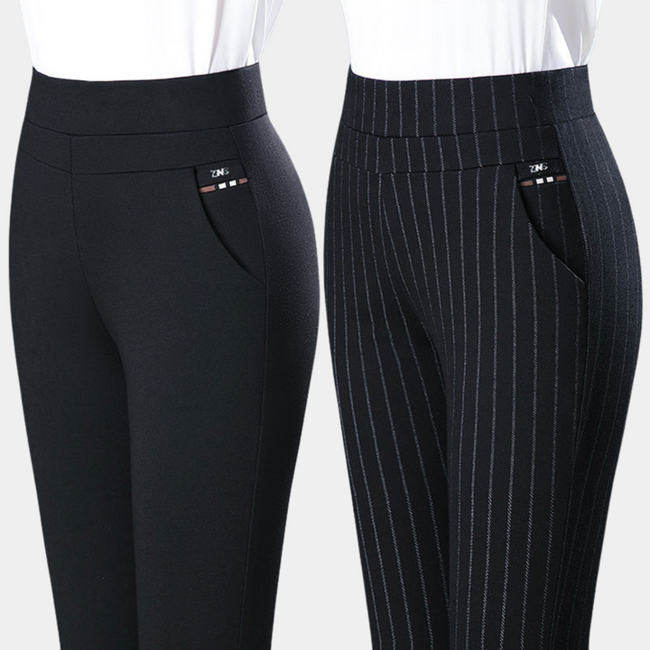 Elegante gestreepte hoge taille stretchbroek voor dames; perfect voor zakelijke én casual looks.