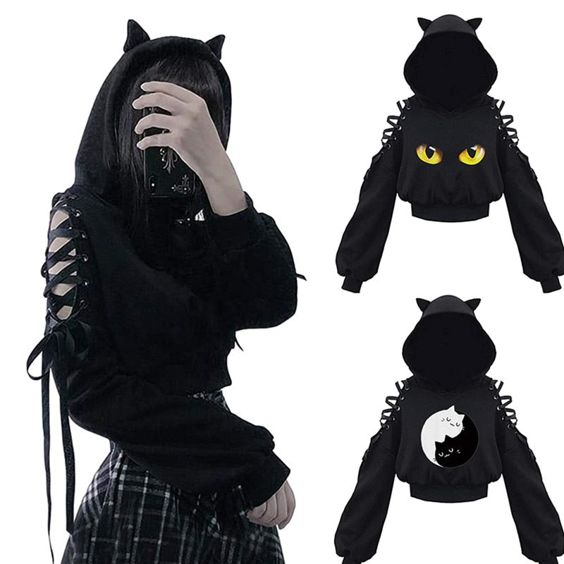 Zwarte dameshoodie met schattige kattenoren; trendy, comfortabel en speels voor casual mode.