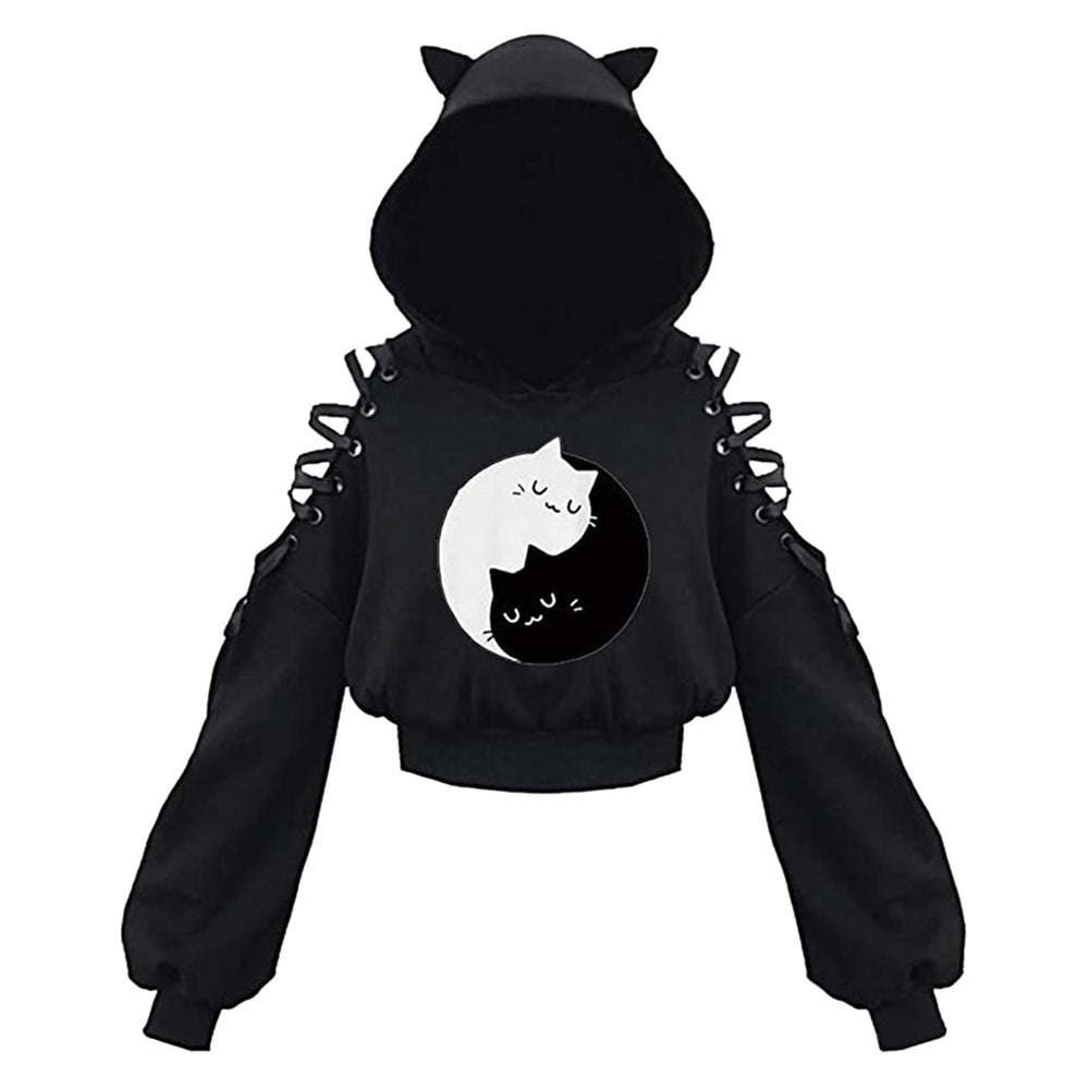Trendy zwarte cropped dameshoodie met kattenoren; perfecte casual trui voor modebewuste dames.