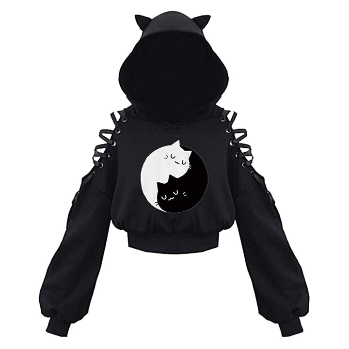 Trendy zwarte cropped dameshoodie met kattenoren; perfecte casual trui voor modebewuste dames.