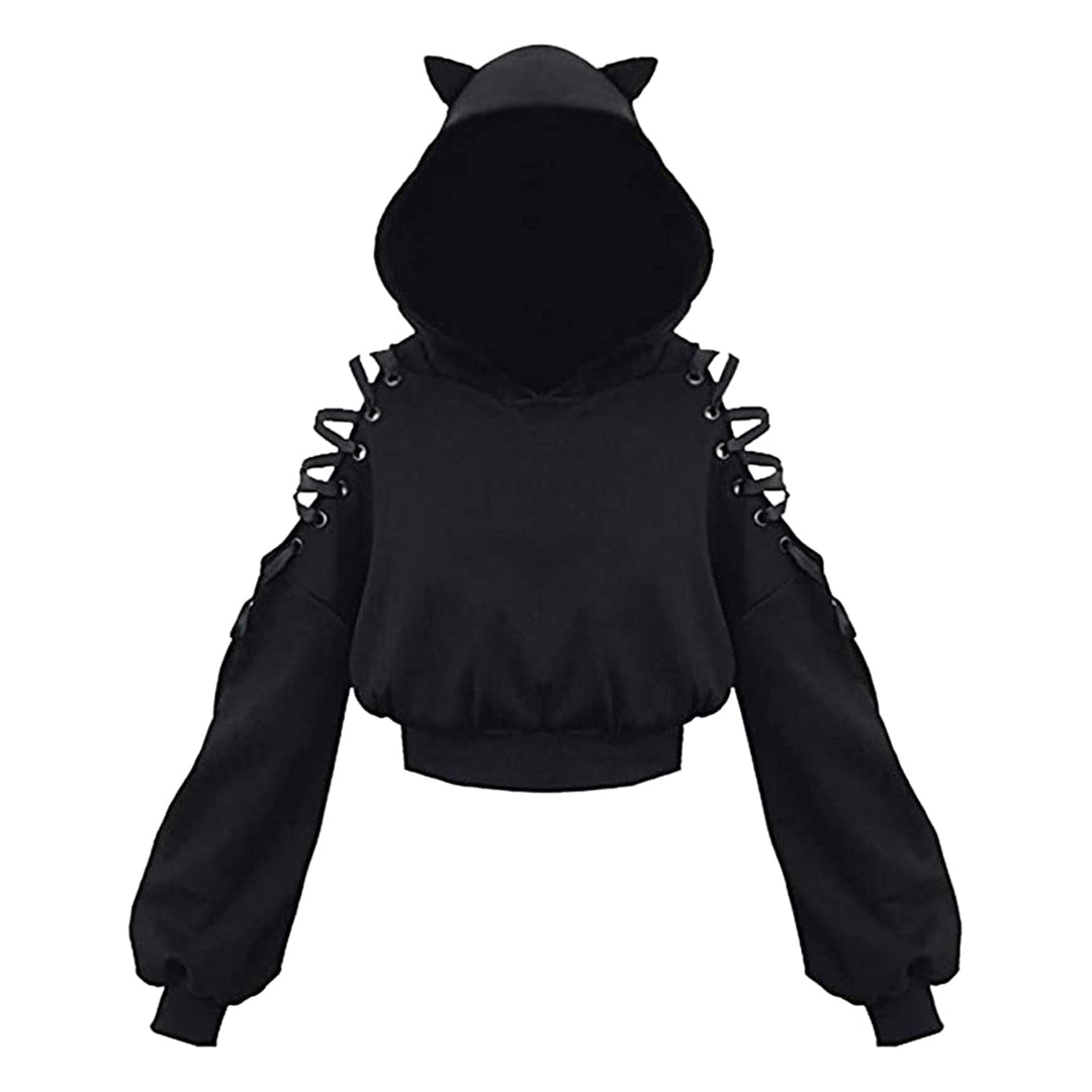 Zwarte dames hoodie met kattenoren en capuchon; een trendy stuk dameskleding, ideaal voor casual gebruik.