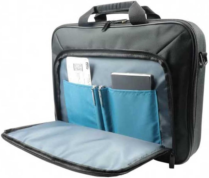 Stijlvolle zwarte aktetas laptoptas voor 14-15.6 inch apparaten, veilige clamshell bescherming, duurzaam design.