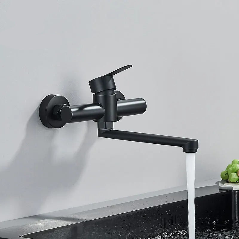 Zwarte FlexiTap wandkraan mengkraan voor keuken, 360° draaibaar, dubbele hendel voor warm/koud water.