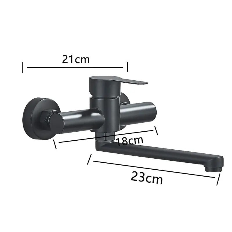Ruimtebesparende FlexiTap wandkraan met dubbele hendel, flexibele uitloop, perfect voor elke moderne keuken.