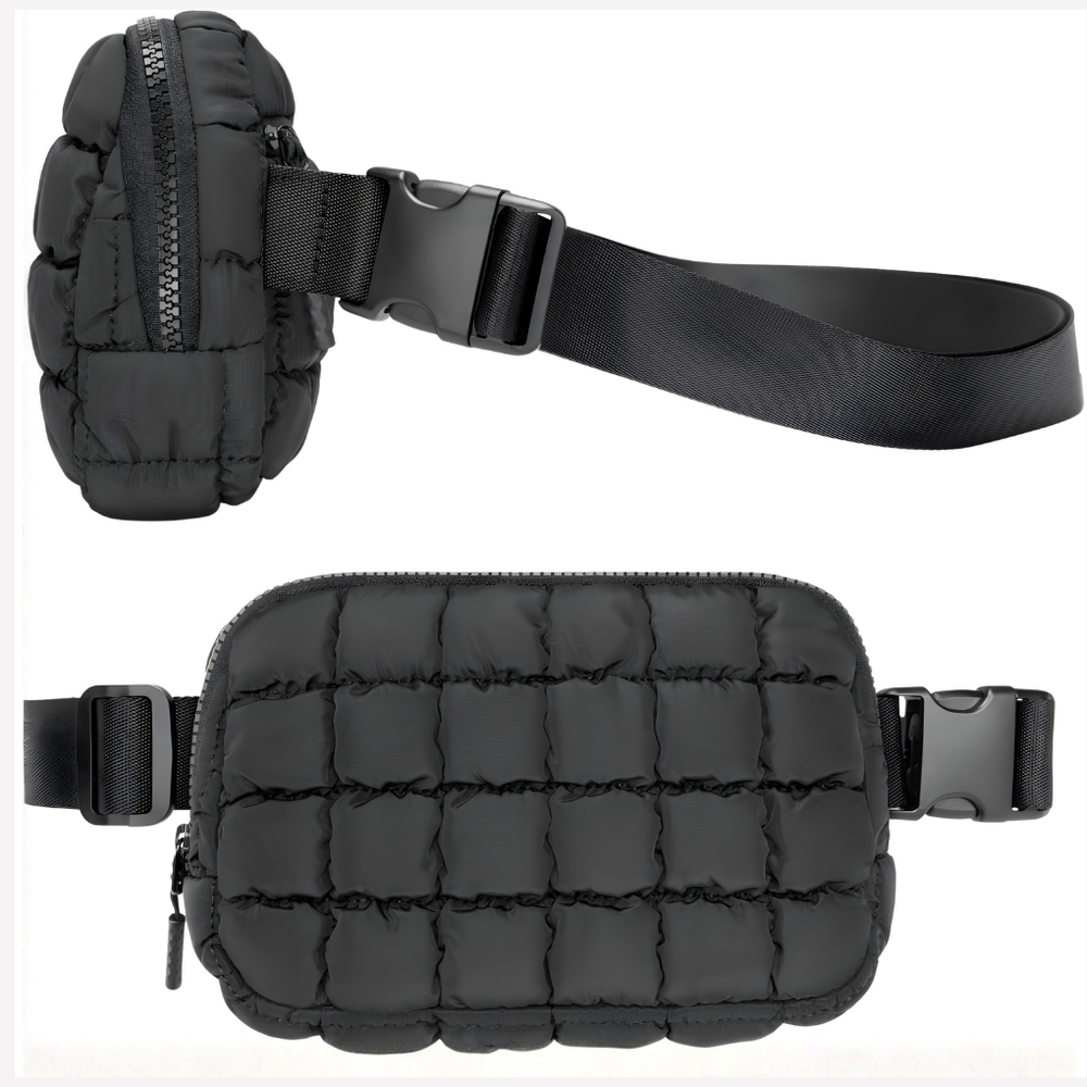 Stijlvolle zwarte puffer mini schoudertas voor dames, gequilt met verstelbare riem voor crossbody comfort.