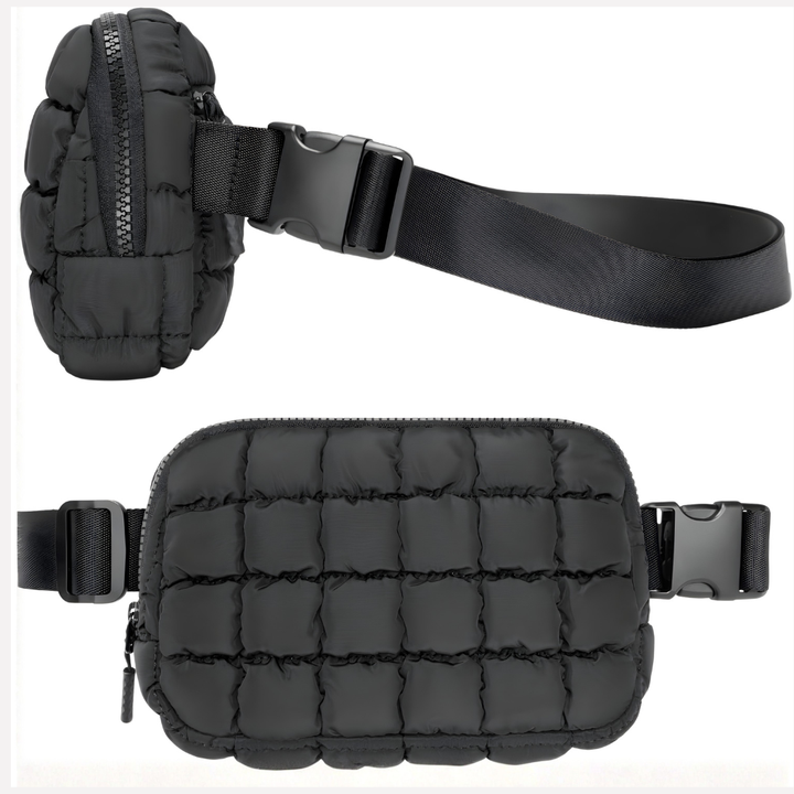 Stijlvolle zwarte puffer mini schoudertas voor dames, gequilt met verstelbare riem voor crossbody comfort.