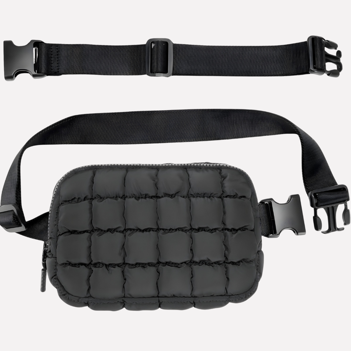 Dames zwarte mini schoudertas van polyester, gequilt design en verstelbare riem voor optimale draagcomfort.