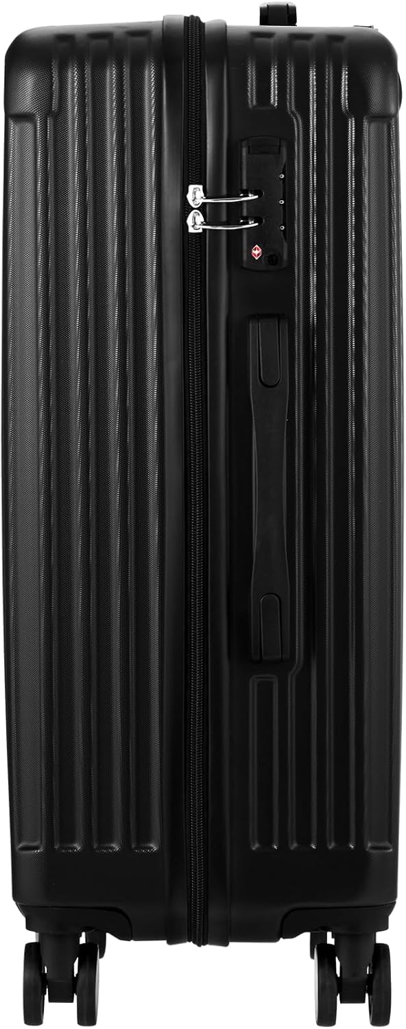 Zwarte, gestreepte grote hard-shell bagage met 360° spinner wielen en geïntegreerd TSA-slot voor zorgeloos reizen.