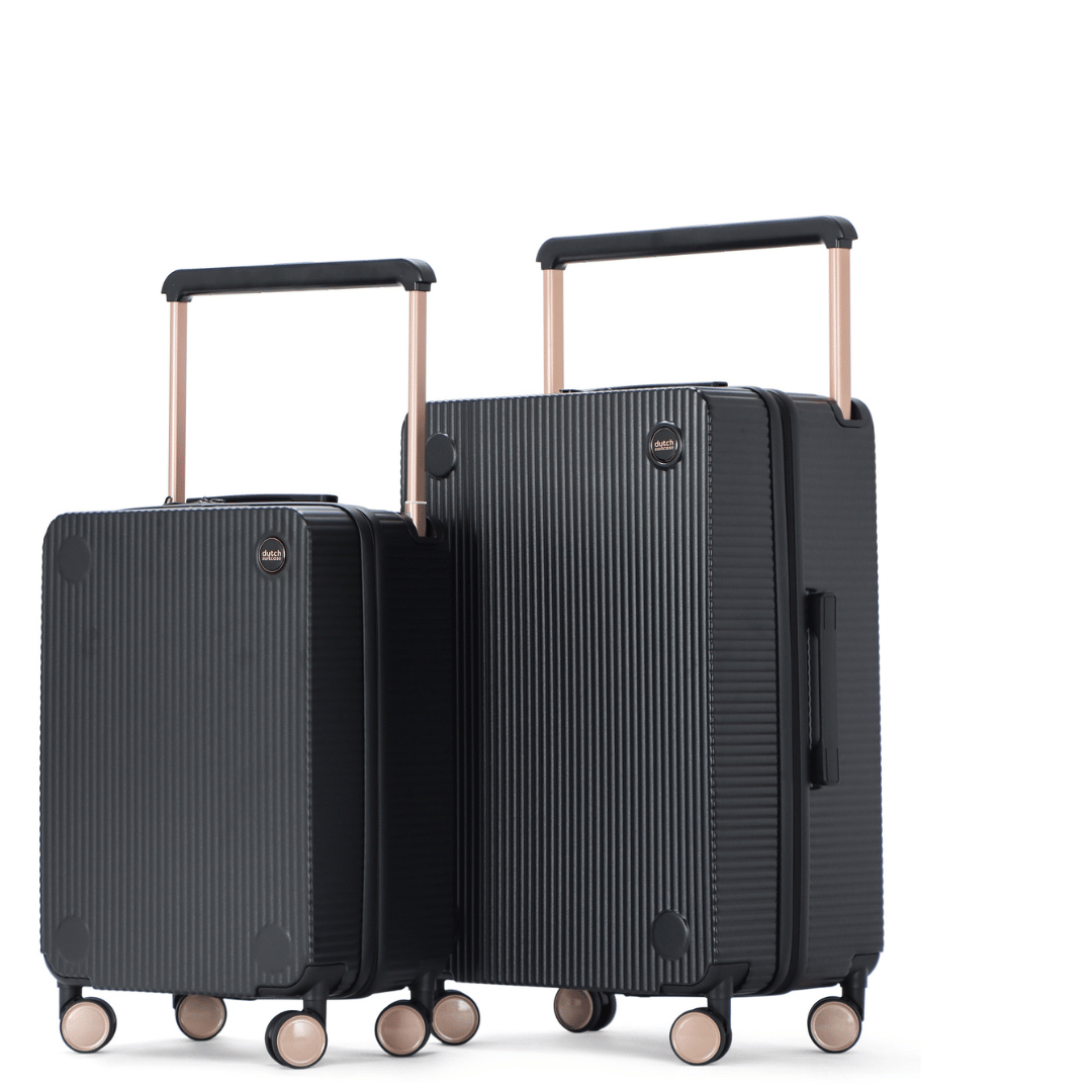 Zwarte hardschalen koffer set 'Rotterdam Voyager' met TSA slot, 360° wielen en handbagage voor stijlvol reizen.