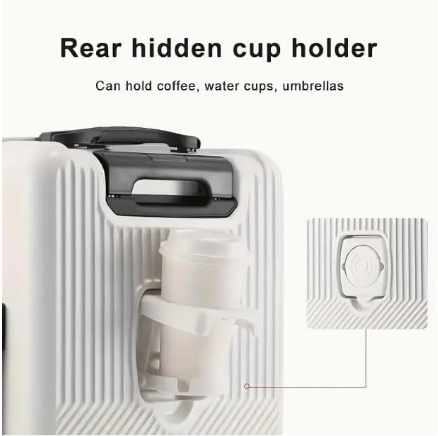 Handbagagekoffer met geïntegreerde USB-poort en bekerhouder voor modern en gemakkelijk reizen.