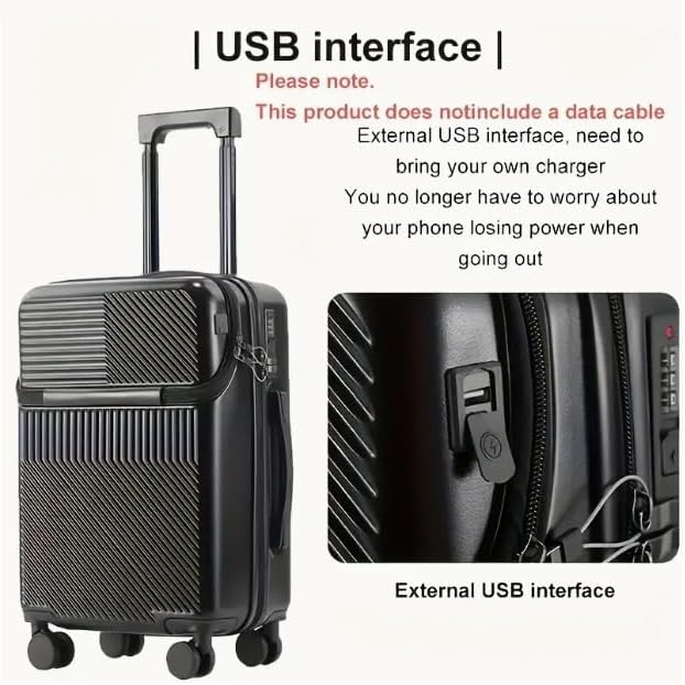 Zwarte handbagage spinnerkoffer met soepele 360° wielen, USB-poort en bekerhouder voor gemak.
