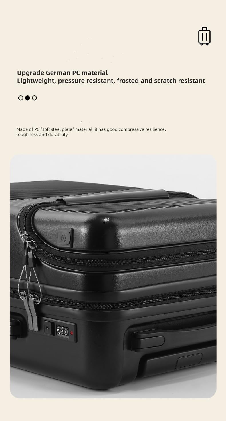 Zwarte hardshell handbagagekoffer met slimme functies: USB-poort, bekerhouder en TSA-slot.