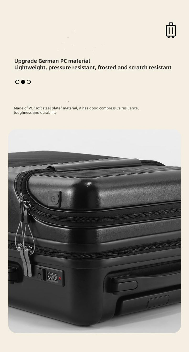 Zwarte hardshell handbagagekoffer met slimme functies: USB-poort, bekerhouder en TSA-slot.