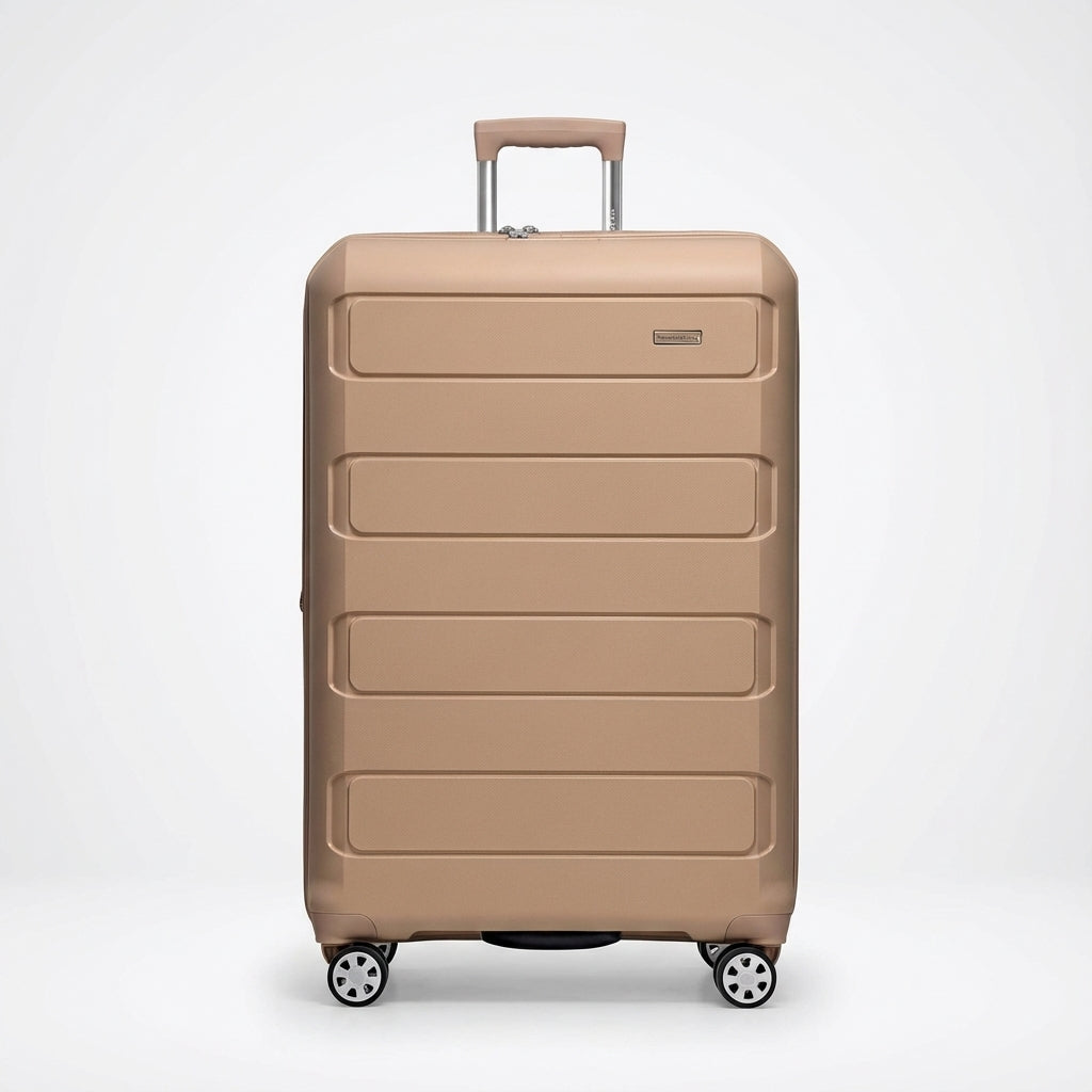 Detail van de duurzame hardshell koffer, met stevige rits en handvat voor uw vakantie bagage.