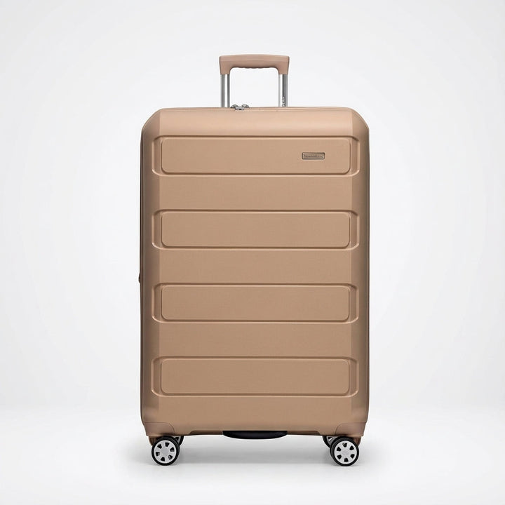 Detail van de duurzame hardshell koffer, met stevige rits en handvat voor uw vakantie bagage.
