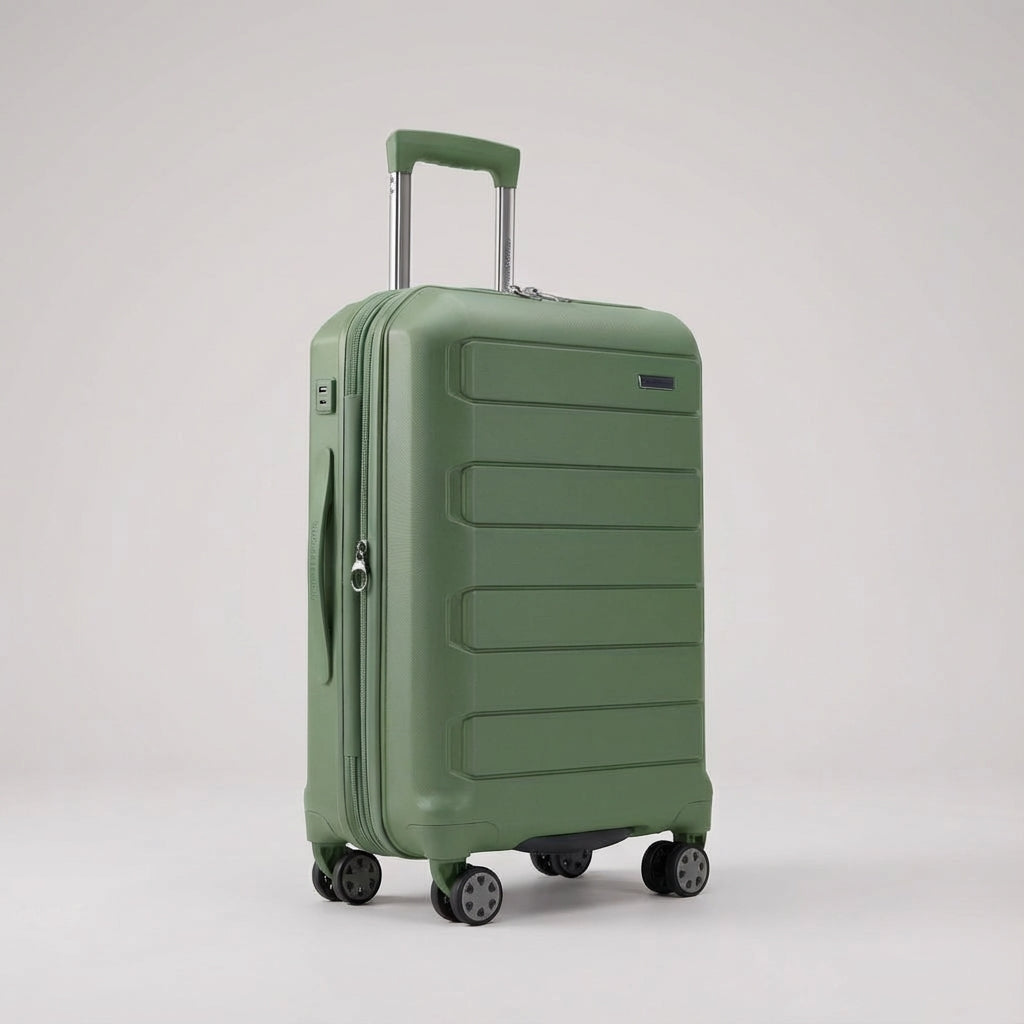 Open hardshell trolley koffer met uitbreidbaar compartiment, klaar voor uw reisaccessoires.