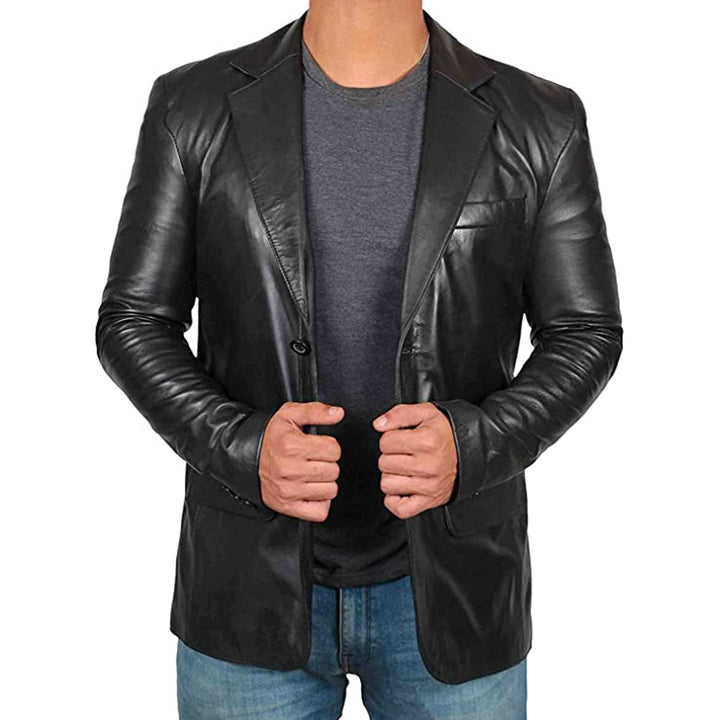 Zwarte heren lederen blazer Leonardo. Elegant en tijdloos voor formele of zakelijke gelegenheden.