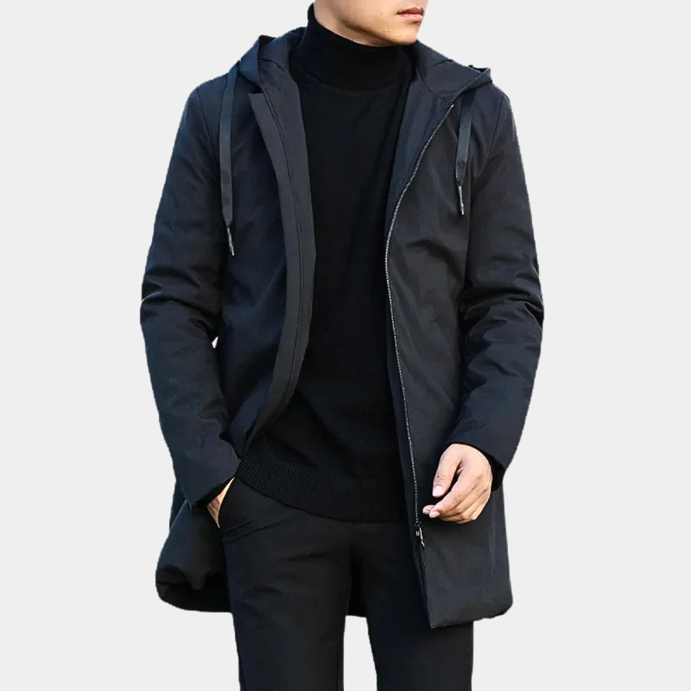 Stijlvolle herenjas met ritssluiting, capuchon en longline design. Perfecte casual bovenkleding voor mannen.