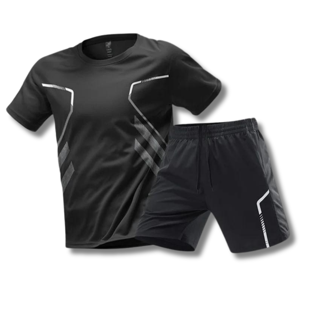 Zwarte heren tweedelige sportset met ademend T-shirt en korte broek voor fitness & hardlopen.