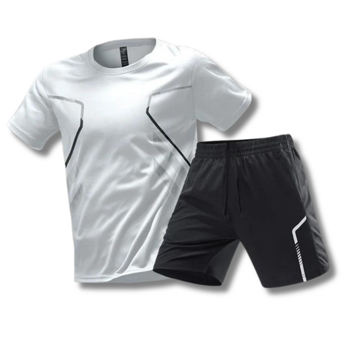 Witte heren sportset bestaande uit ademend sportshirt en comfortabele korte broek voor gym & casual.