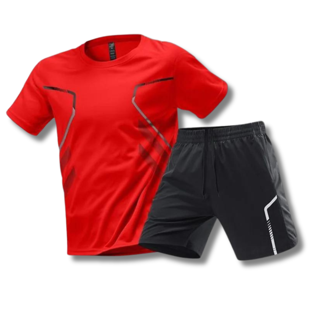 Rode heren fitness set met elastisch sportshirt & korte broek. Ideaal voor gym, hardlopen en casual kleding.