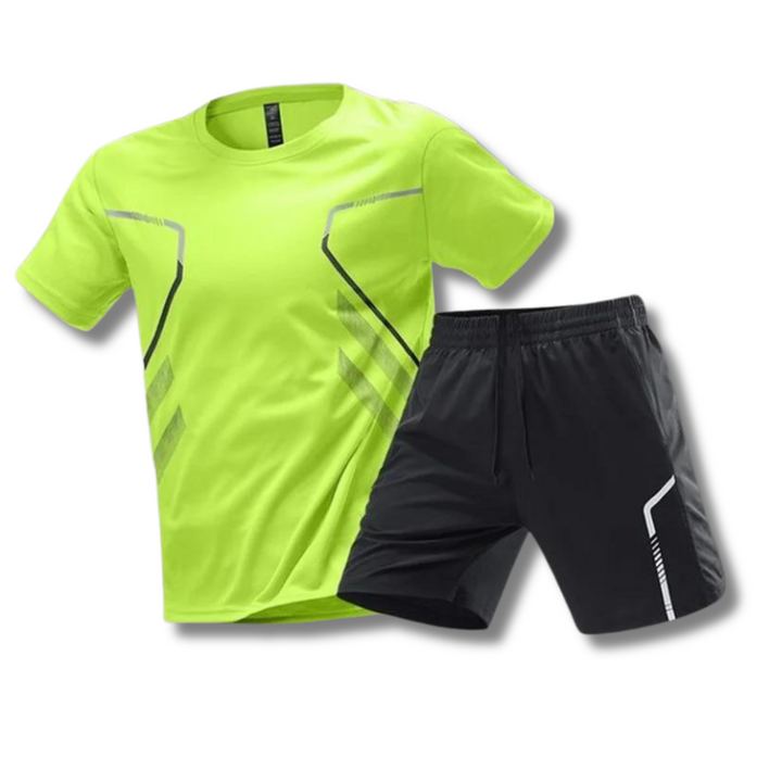 Elastische heren sportset (wit), bestaande uit shirt en korte broek, ideaal voor fitness & zomerse dagen.