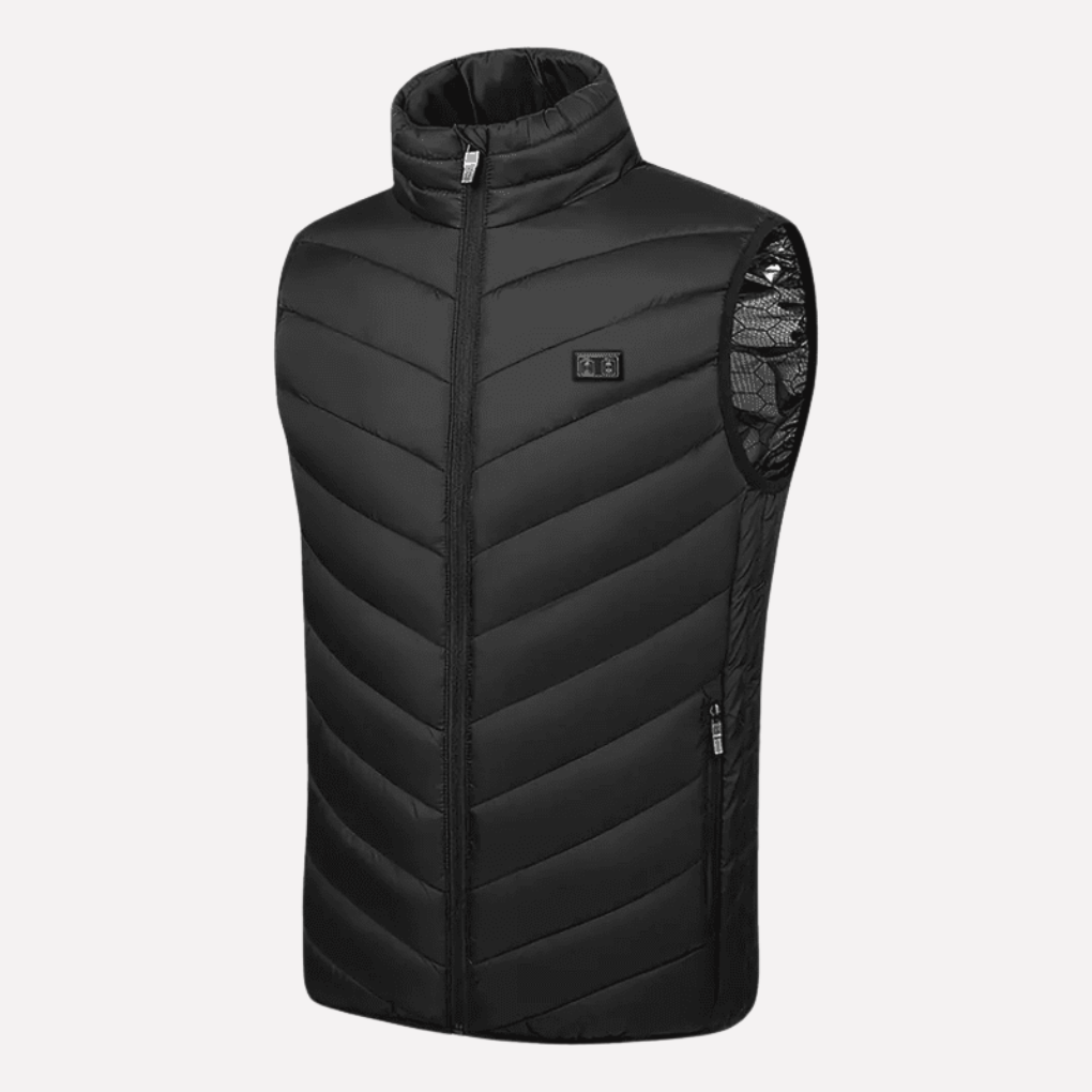 Zwarte heren verwarmde jas met USB-voeding en capuchon, ideaal voor koude winterweer outdoor activiteiten.