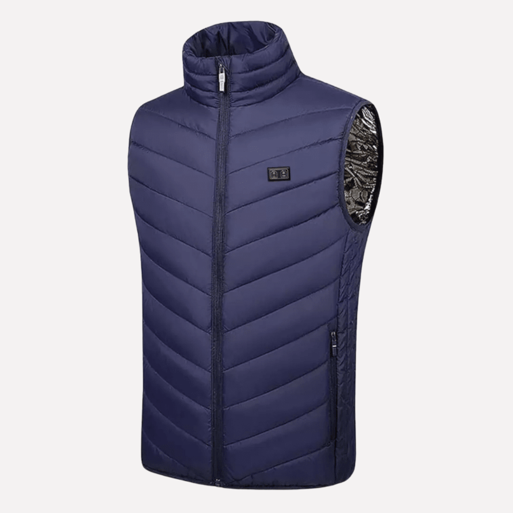 Blauwe USB-verwarmde winterjas voor heren, comfortabele buitenjas met capuchon tegen extreme kou.