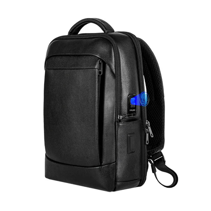 Zwarte heren zakelijke laptop rugzak met vingerafdrukslot. Anti-diefstal en grote capaciteit voor werk en reizen.