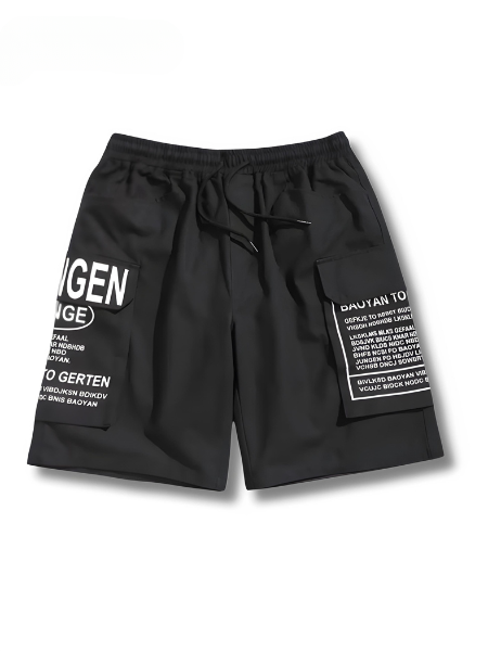 Zwarte heren zomer shorts met trendy letterprint, perfect voor een comfortabele streetstyle look. Losse pasvorm, modieus.