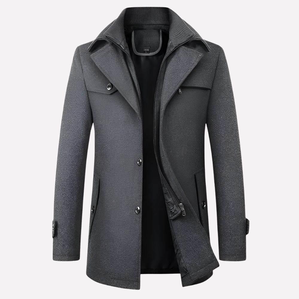 Stijlvolle grijze herenjas met reverskraag en knoopsluiting, perfect voor casual of elegante herenkleding.