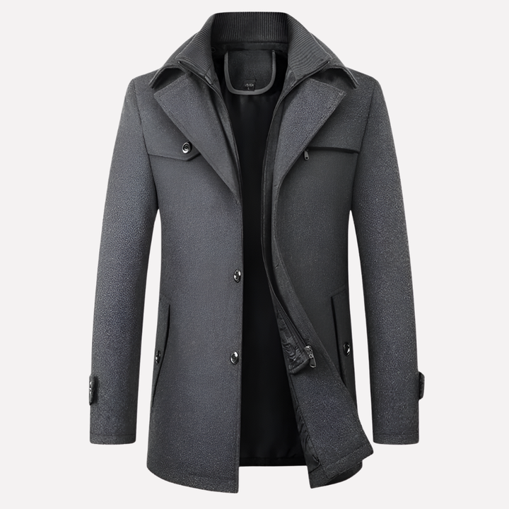 Stijlvolle grijze herenjas met reverskraag en knoopsluiting, perfect voor casual of elegante herenkleding.