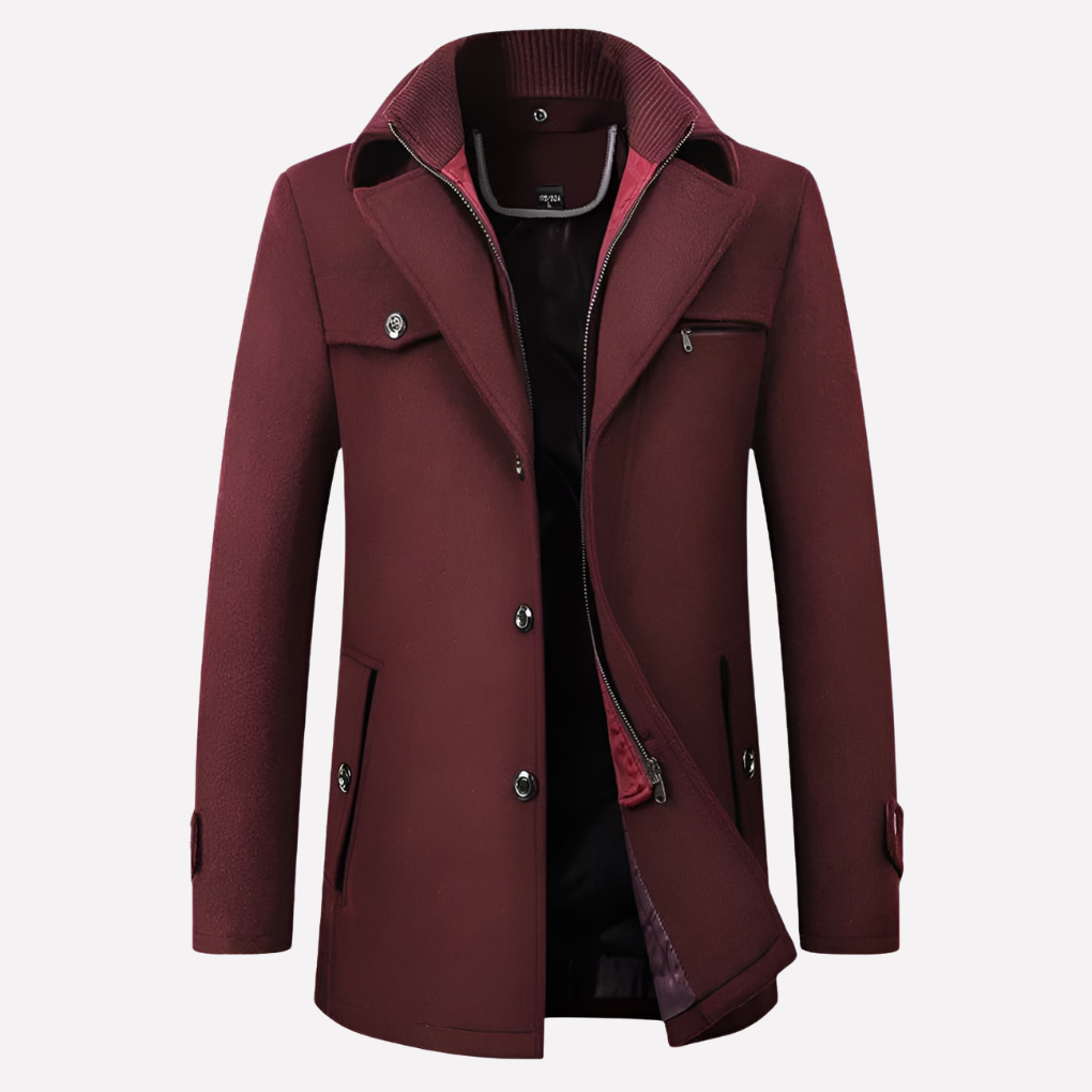 Comfortabele en tijdloze bruine herenjas met reverskraag, knopen en elegante snit. Veelzijdige bovenkleding.