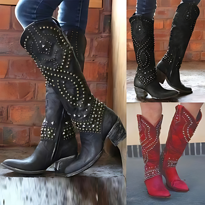 Stijlvolle zwarte hoge dameslaarzen 'Elena' met studs, een comfortabele schoen voor elke gelegenheid.